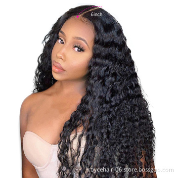 HD Ear to Ear Semi Lace Wig Vendor,10a Grade Water Wave Curly Raw Brazilian Human Hair Transparent 13x6 Swiss Lace Front Wig